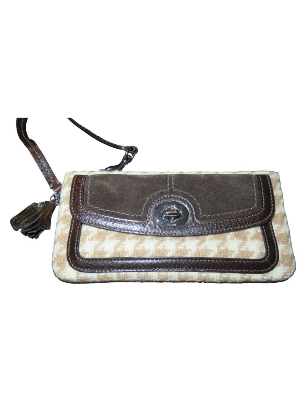 Coach Hamptons Herringbone Tweed Wool, Suede & Leather Trim Turnlock Wristlet